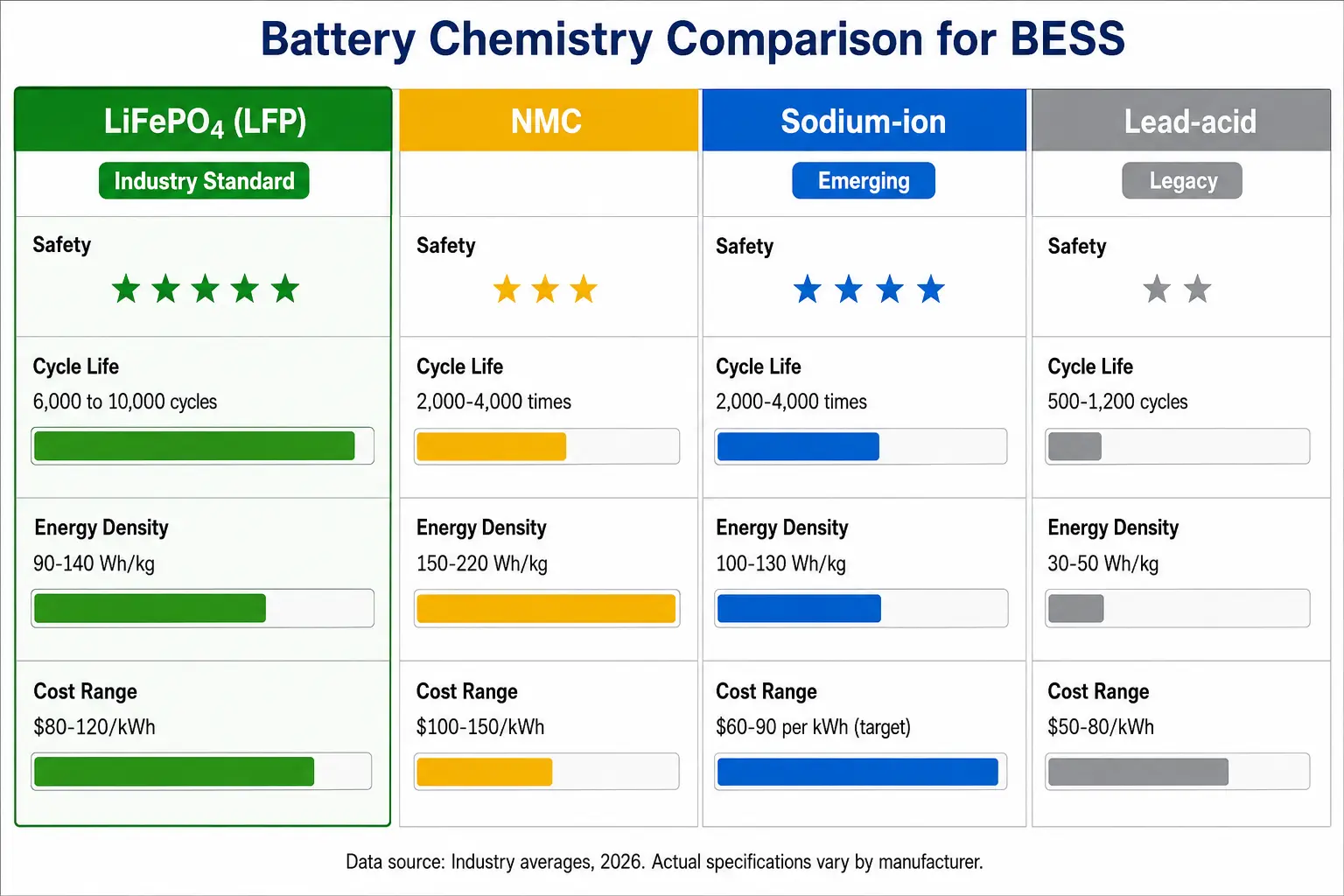 Battery chemistry comparison chart LiFePO4 vs NMC vs sodium-ion vs lead-acid for BESS