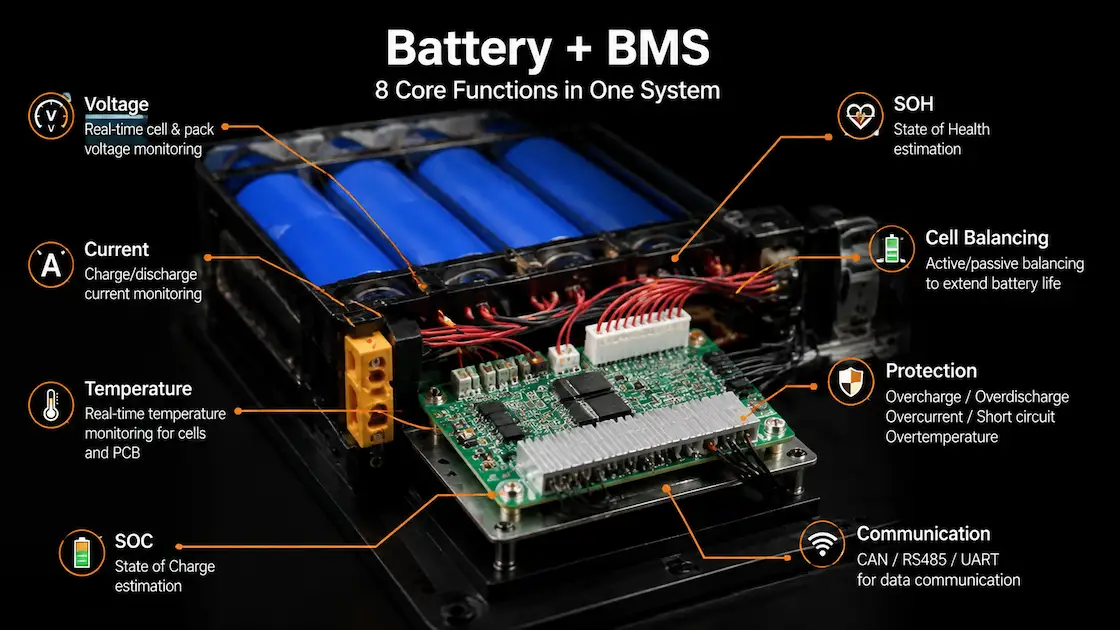 Battery management system core functions including voltage current temperature SOC SOH balancing and protection