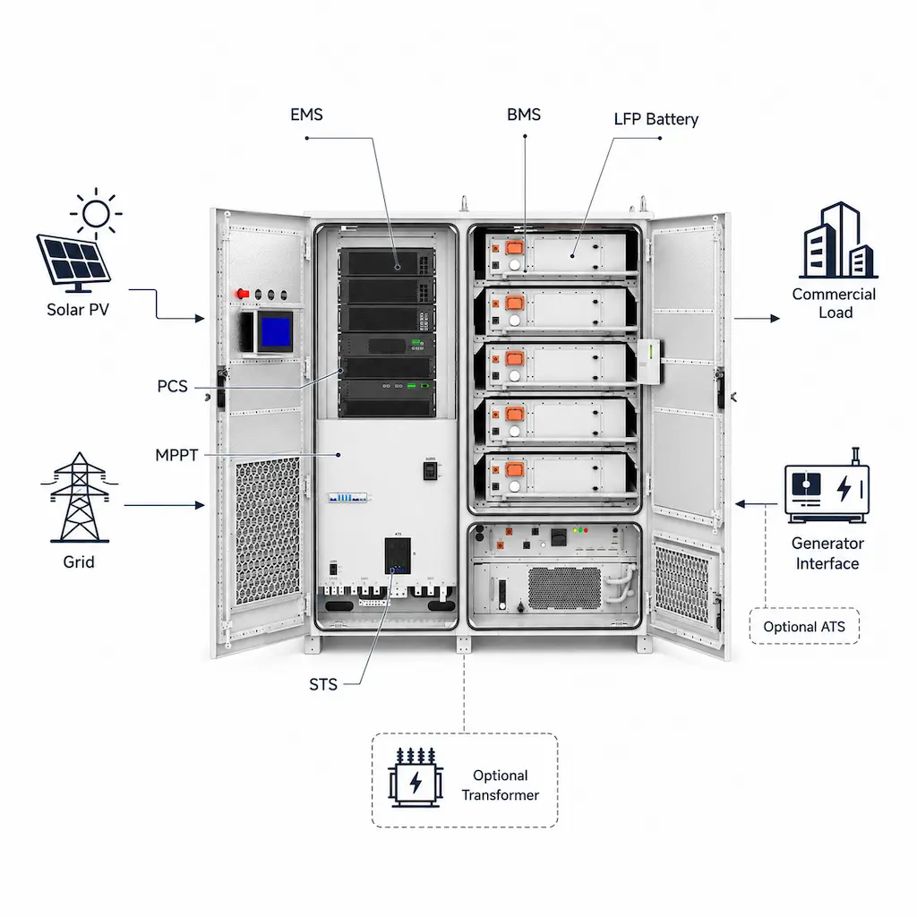 BMS PCS and EMS integration in a KUNETIC commercial battery energy storage system