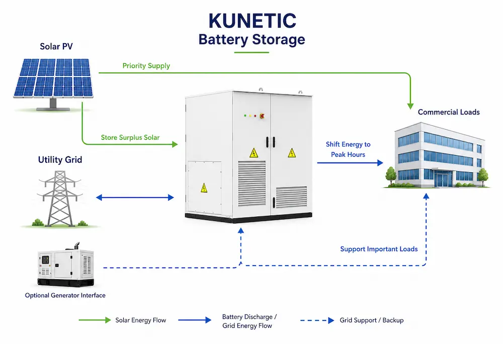 One Outdoor System for Solar, Storage, Grid and Generator Coordination system topology diagram