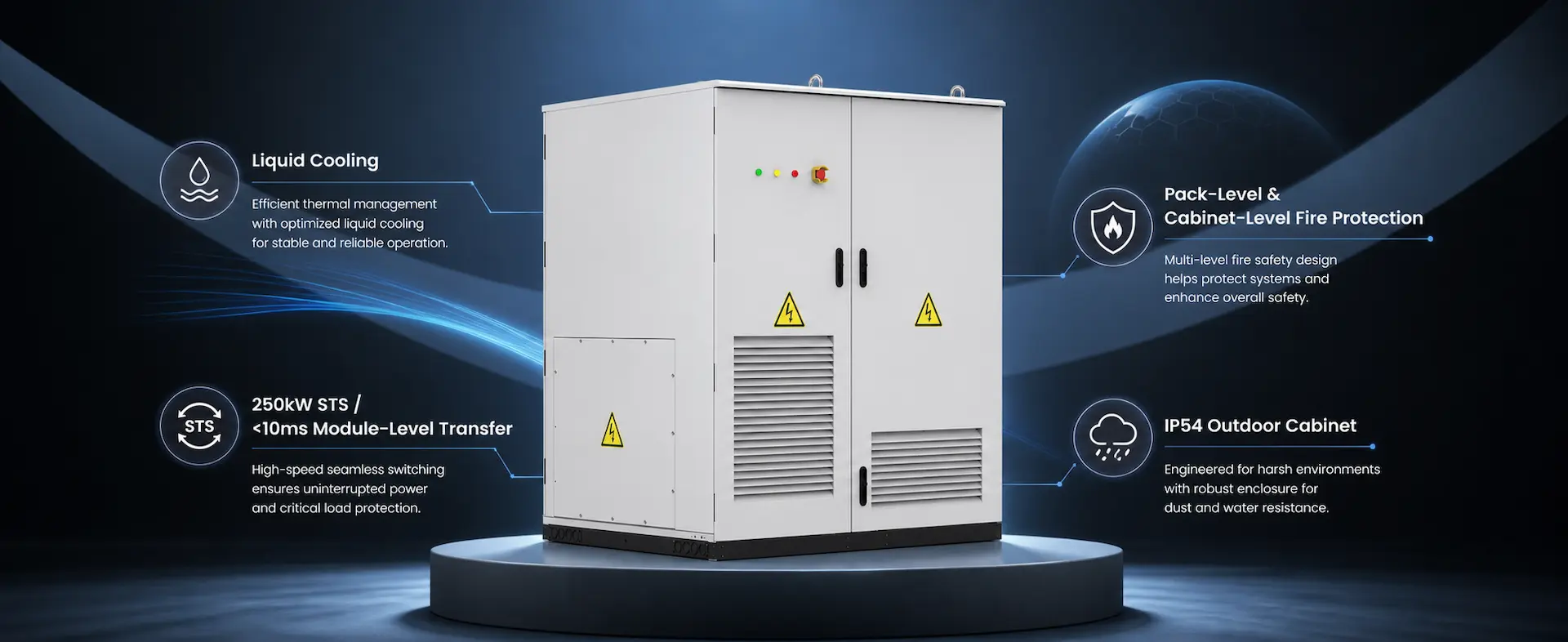 Liquid cooling, BMS, fire protection, STS and IP54 outdoor protection for the KUNETIC C&I BESS