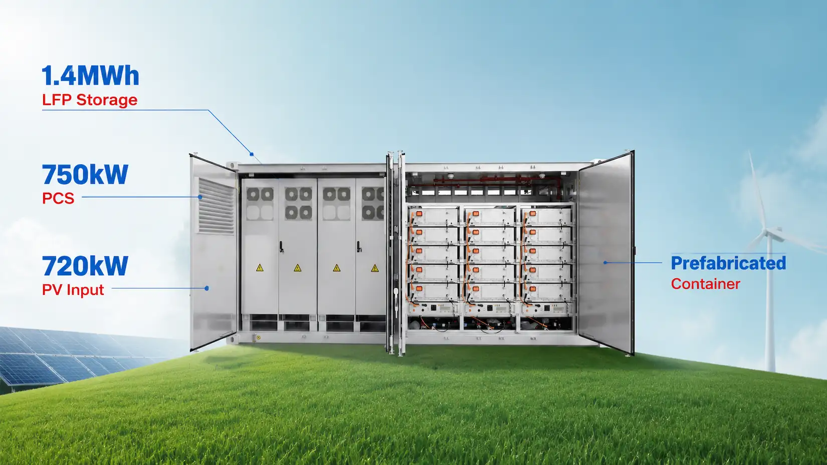 Integrated 1.4MWh LFP storage, 750kW PCS and 720kW PV input platform
