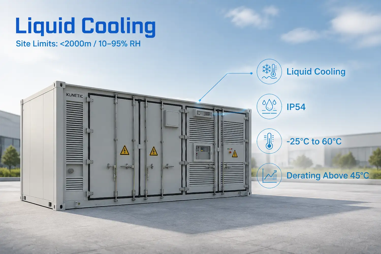 Liquid-cooled IP54 BESS container for defined outdoor site conditions