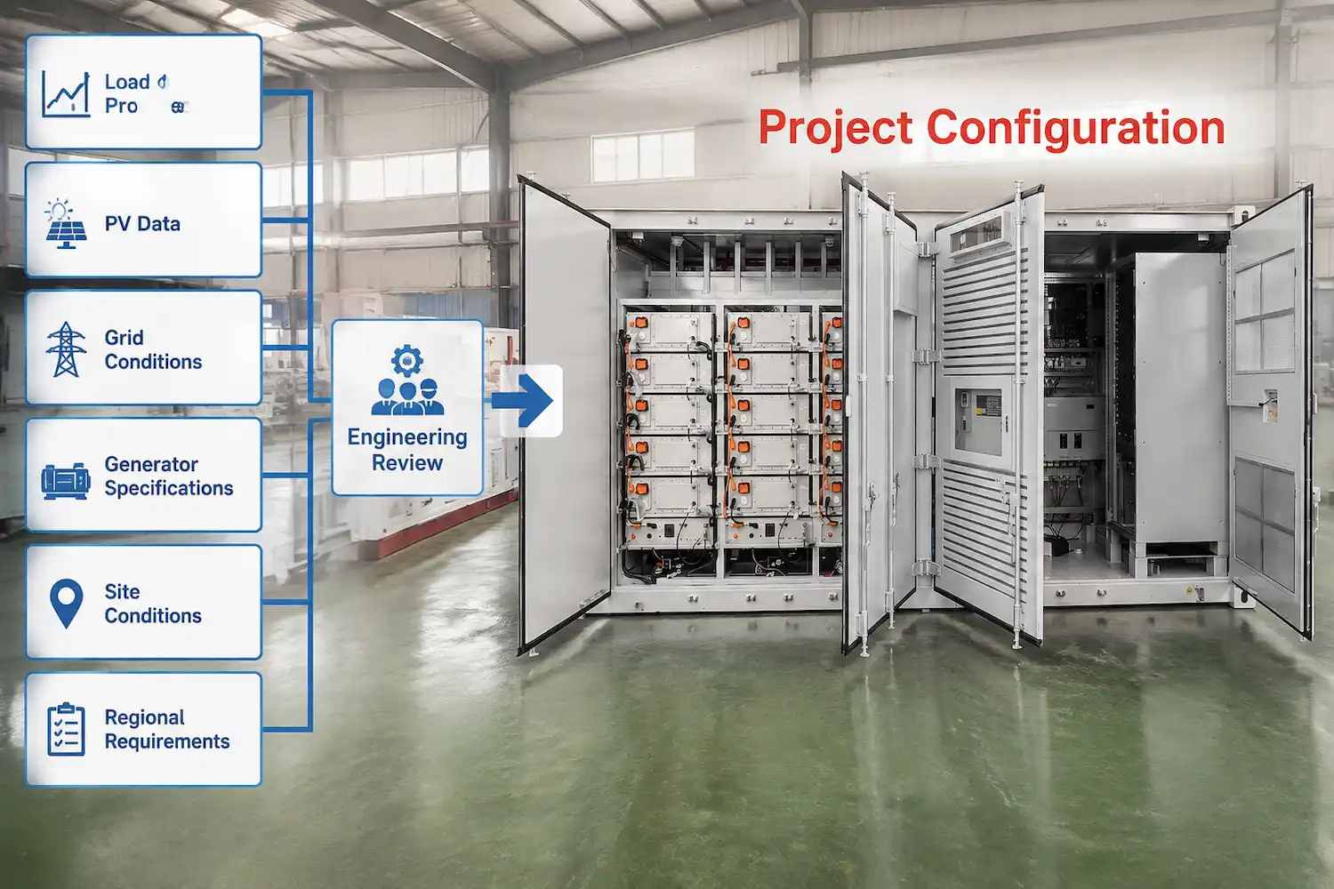 Project configuration inputs for load, PV, grid, generator, site and regional requirements