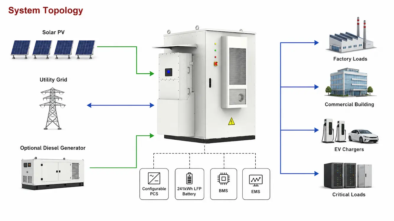 One Integrated System for Solar, Peak Shaving and Backup system topology diagram