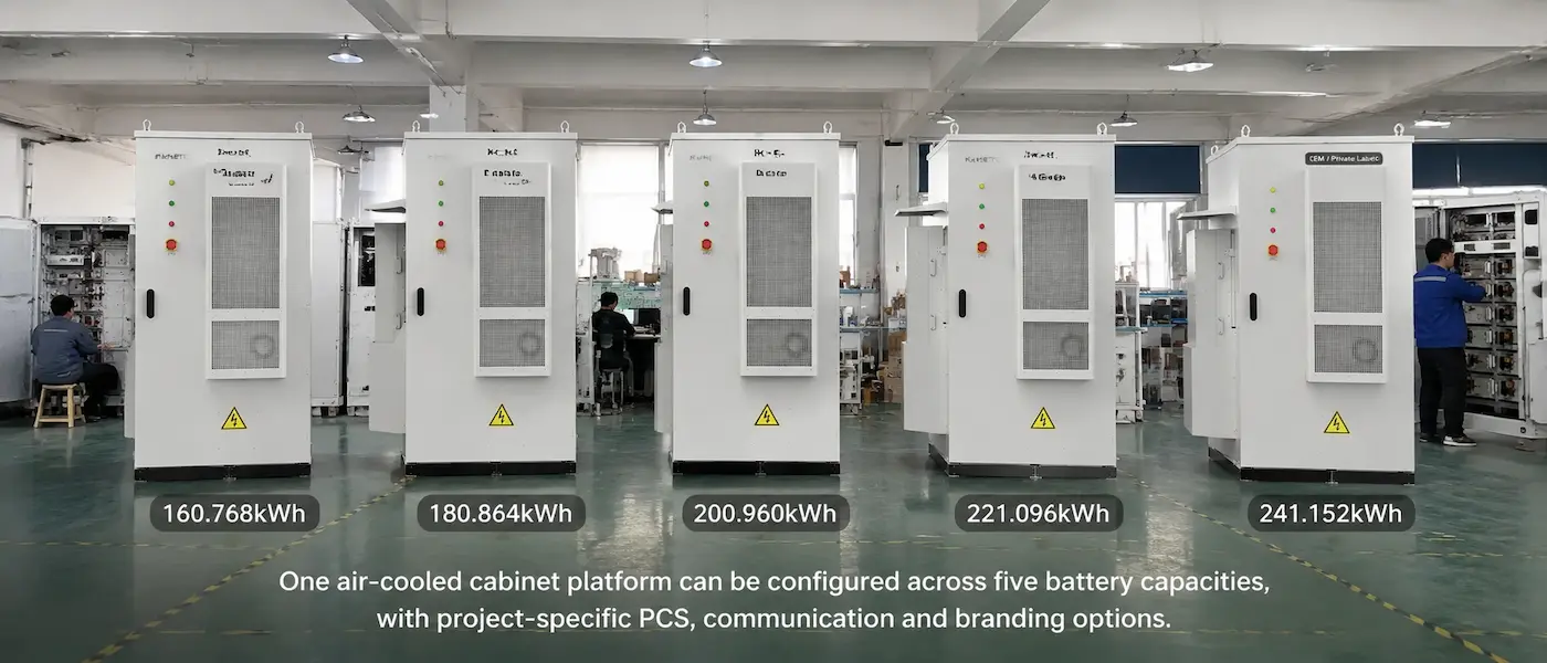 KUNETIC K-eBank 160kWh to 241kWh air-cooled energy storage systems available with configurable PCS and OEM branding