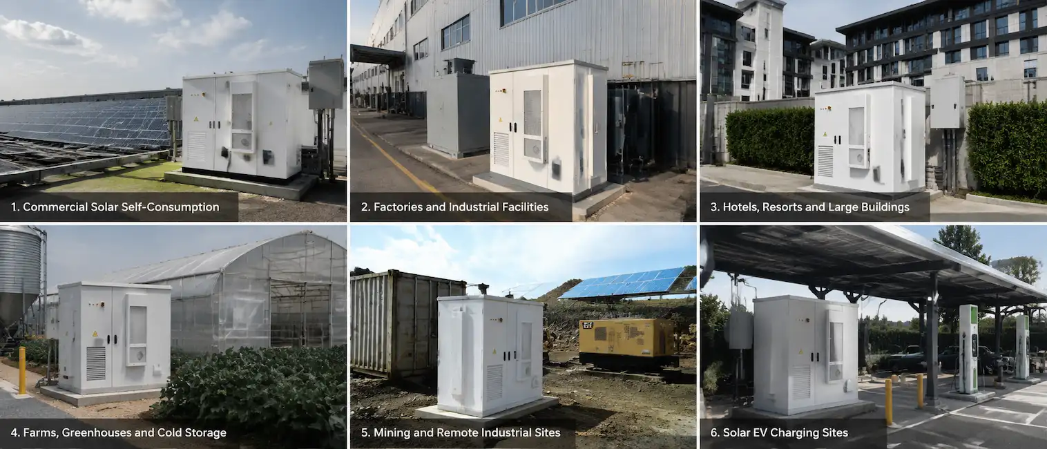 KUNETIC commercial battery storage system used in commercial solar factories hotels farms remote industrial sites and EV charging