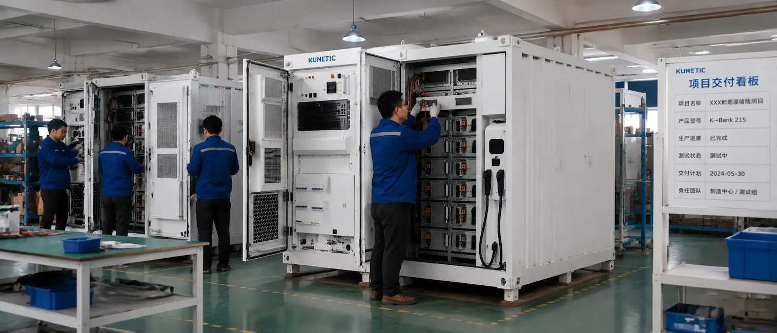 KUNETIC commercial battery storage cabinets prepared for project configuration testing and OEM branding