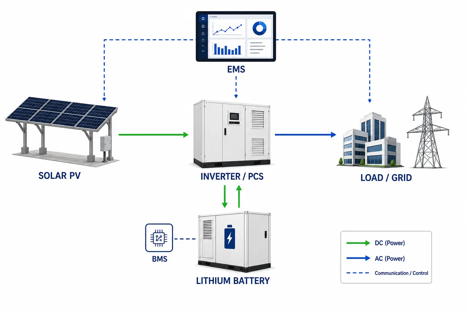 Solar PV inverter battery load and grid topology for a lithium ion solar battery system