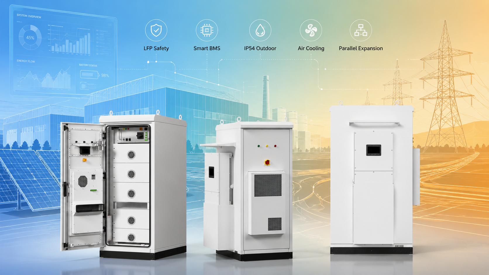 Outdoor LFP battery cabinet safety, BMS, IP54 enclosure, air cooling, and parallel expansion overview