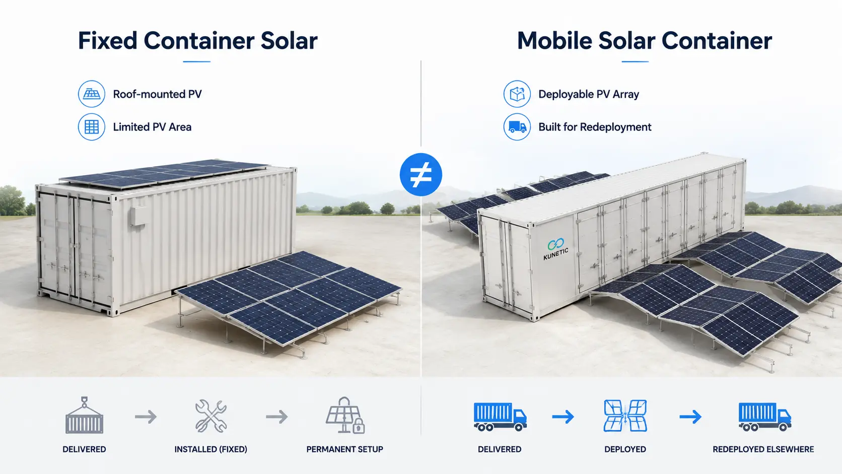 Shipping container with fixed solar panels compared with a mobile solar container with deployable PV array