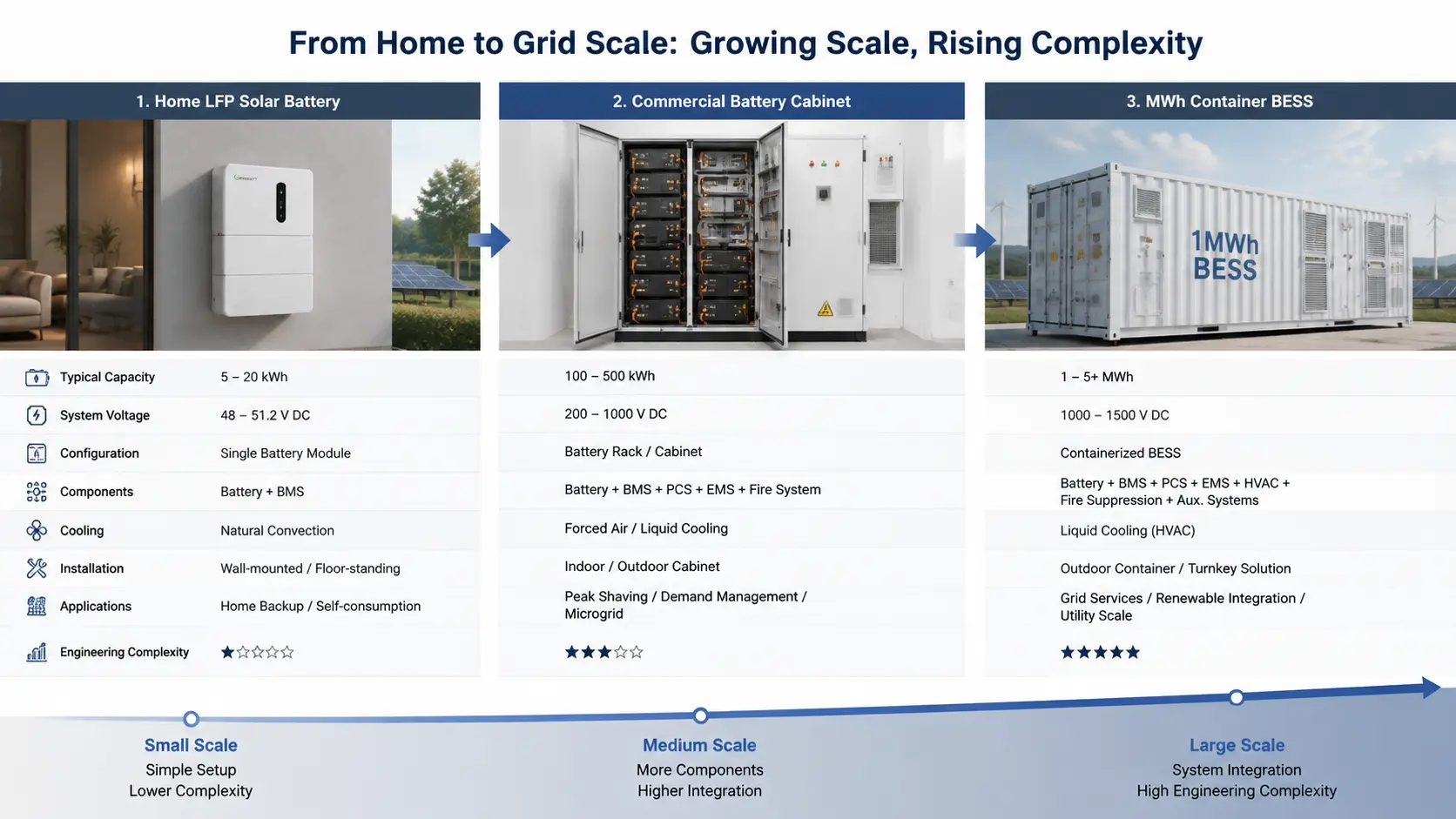 Solar battery storage scale from home LFP battery to commercial cabinet and MWh BESS