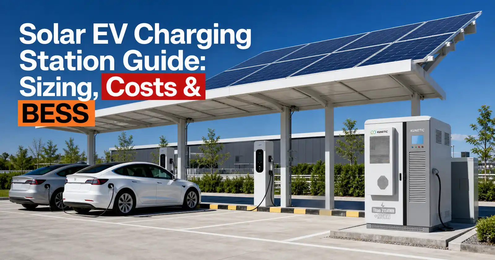 Commercial solar EV charging station with PV carport, battery storage and EV chargers