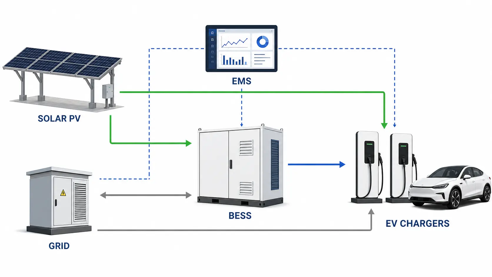 Solar EV charging station topology connecting PV, grid, BESS, EMS and EV chargers