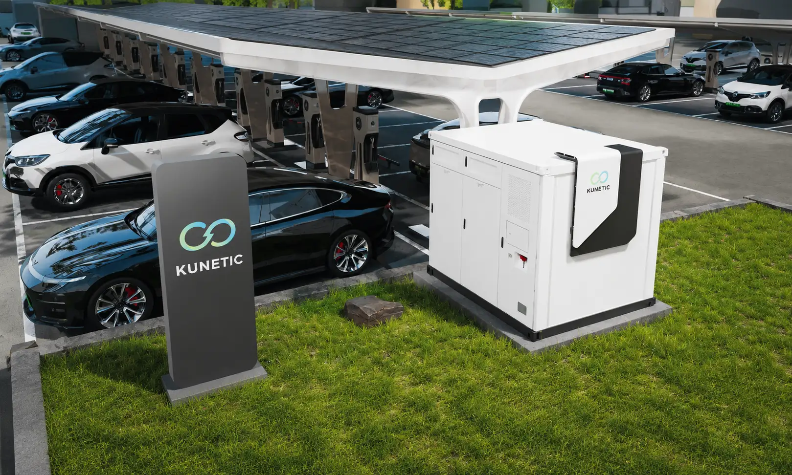 KUNETIC PV-ESS-EV Charging — BIPV carport with DC fast chargers and containerized BESS at a commercial charging station