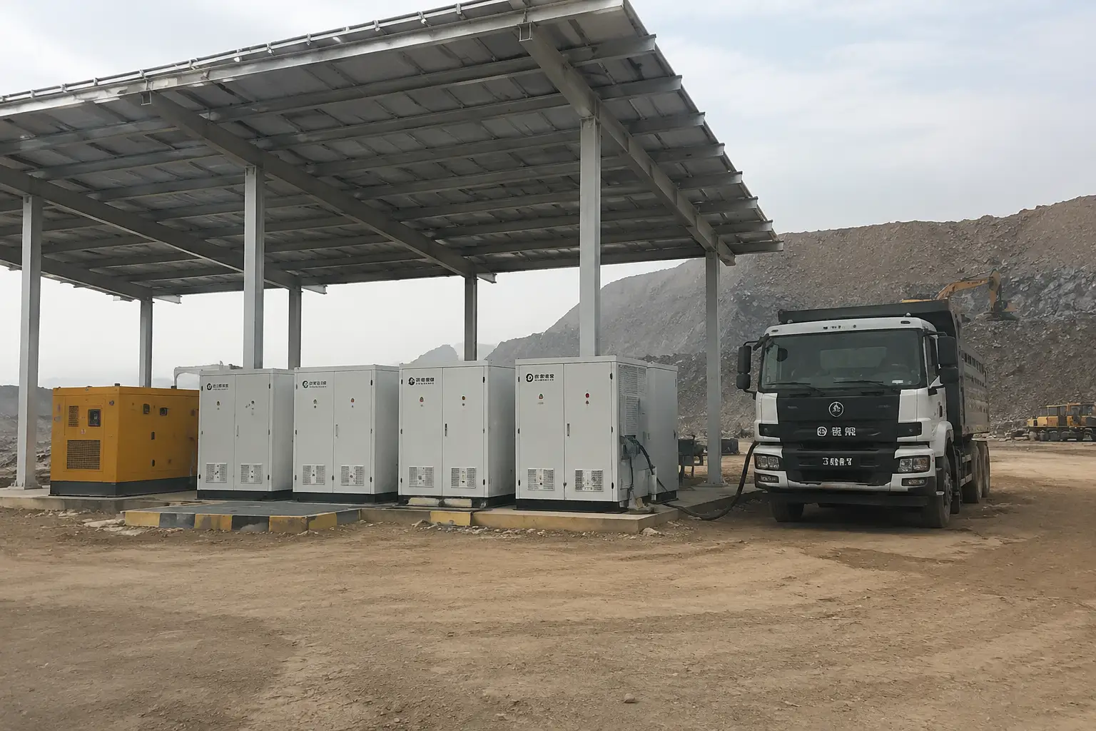 Construction & Mining Microgrid — containerized BESS with diesel generator at remote site