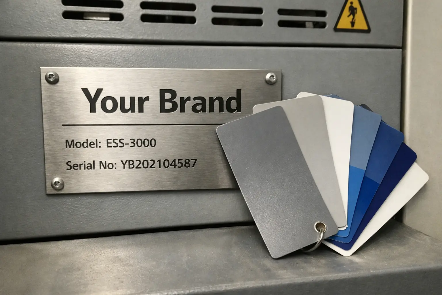 Your Brand — equipment nameplate with color swatches